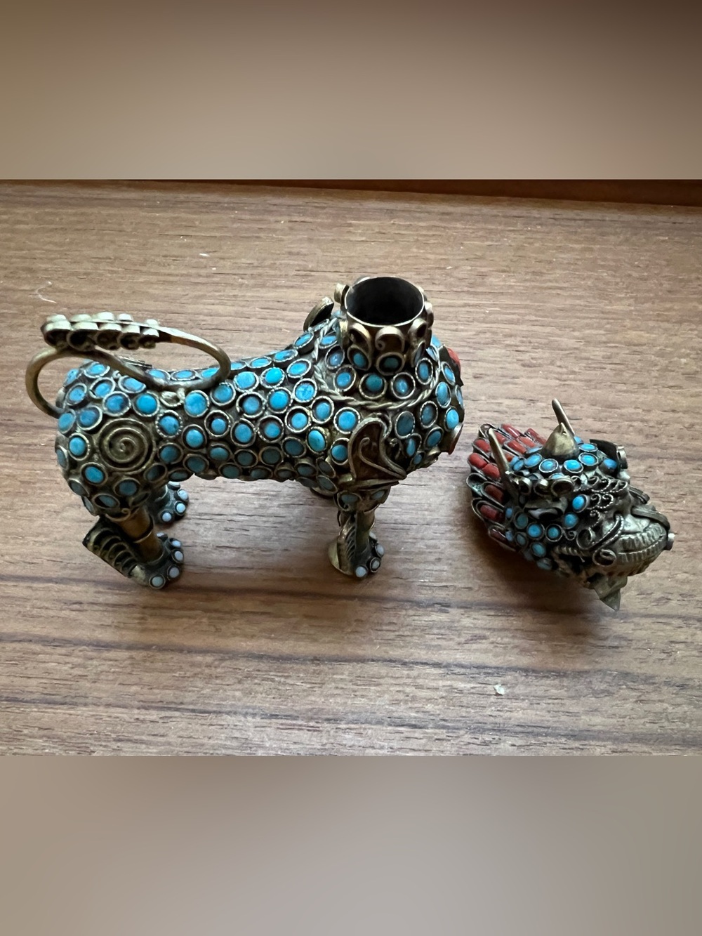 Antique Tibetan Filigree Brass Inlay Snuff Bottle Lion Foo Dog - Picture 6 of 9